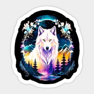 A White Wolf with Mountains, Floral Elements, Forests, Trees Sticker